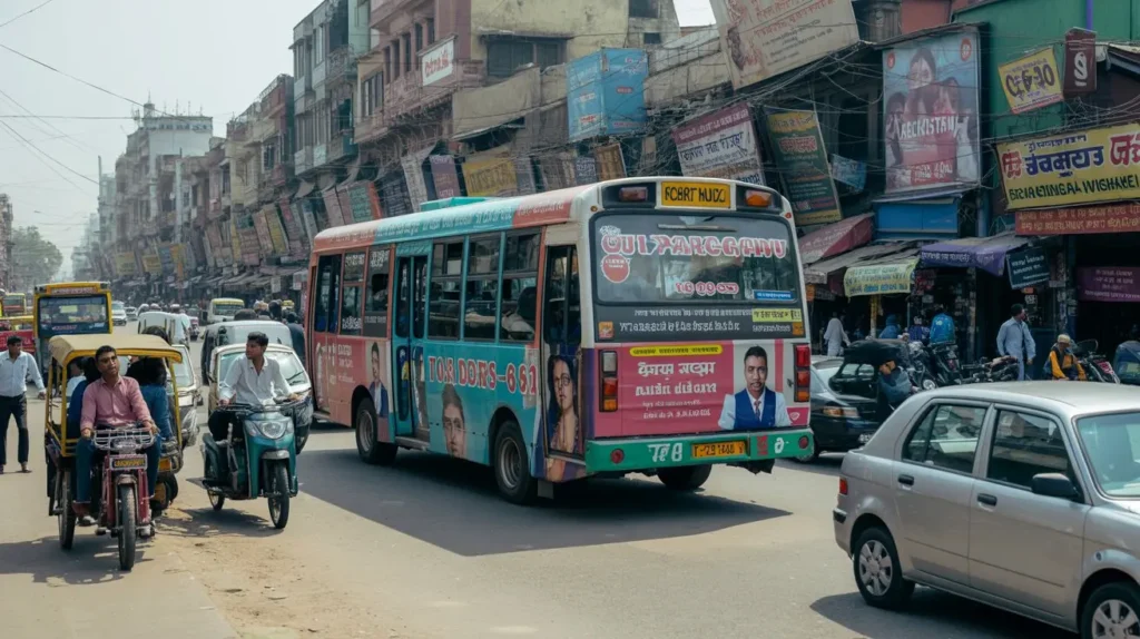 A city bus with a business advertisement traveling through a busy street in Lucknow as part of a bus branding and BTL advertising campaign.
