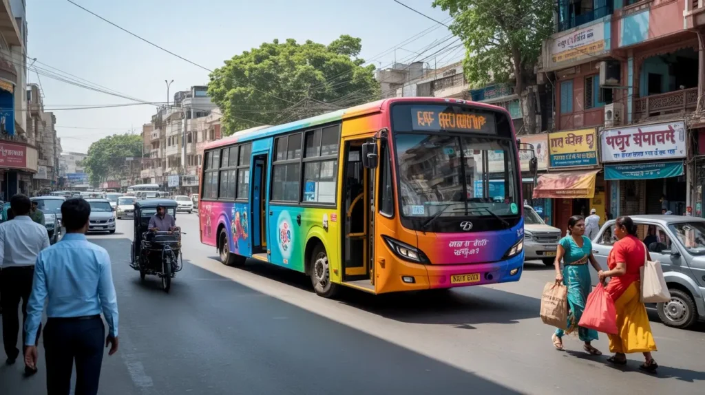 Full-sized bus with colorful advertising wrap driving through busy streets of Ghaziabad, India, with people walking and local landmarks in the background.