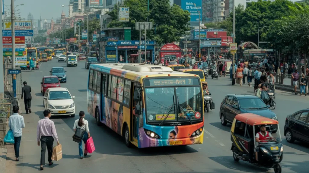 A vibrant bus with a full advertising wrap navigating the busy streets of Noida, reaching thousands of potential customers every day in Sector 18, City Centre, and local markets